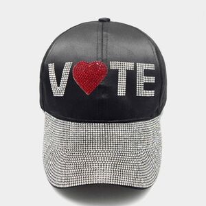 Black VOTE Rhinestone Crystal Brim Baseball Cap Statement Hat Bling